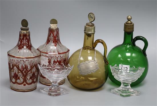 Two 19th century spirit flasks, a pair of decanters and a pair of salts